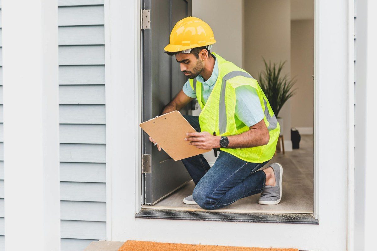 A maintenance checklist on a clipboard with a Jamaican residential building in the background