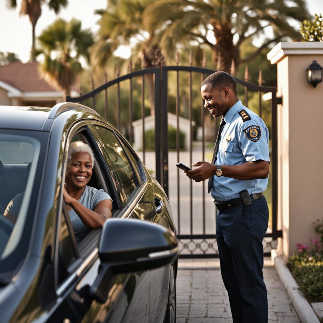 Security guard using tablet for visitor check-in at community gate